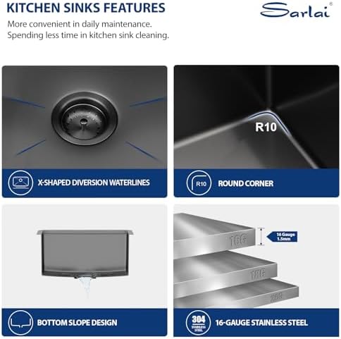 Sarlai 21 Black Undermount Sink 21"x19" Bar Pre Sinks Workstation Stainless - Image 6