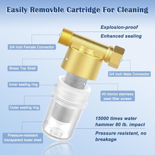Brass Sediment Filter, Water Filter for Washer, Garden Hoses, Shower, Well Water, Traps Sand, Mud, Rust, 40 Micron, Inline, Reusable, BPA Free, 3/4" Male Thread + 3/4" Female Thread - Image 2