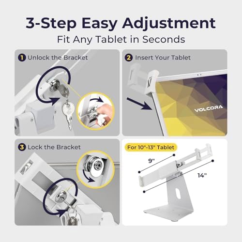 Volcora Anti-Theft Tablet Stand iPad Kiosk Stand with Lock, White 10-13'' iPad Stand for Desk, Swivel, Adjustable iPad Holder for Desk, iPad Mount for Desk for POS Register, Retail Business, Cashier - Image 2