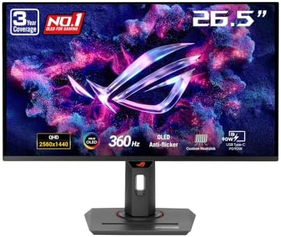 ASUS ROG Strix 26.5” 1440P QD-OLED Gaming Monitor (XG27ACDNG) -QHD (2560x1440), 360Hz, 0.03ms, Custom Heatsink, OLED Care+, G-SYNC Compatible, 99% DCI-P3, DisplayWidget, AI Gaming, 3yr Warranty by Unknown