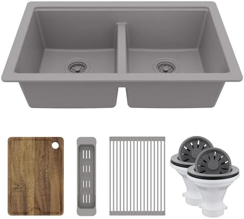Karran 32.5 Inch Undermount Quartz Composite Workstation Kitchen Sink, 50/50 Double Bowl Low Divide with Color Matched Accessories, Cutting Board, Drying Mat, Colander & Strainers Grey by Karran