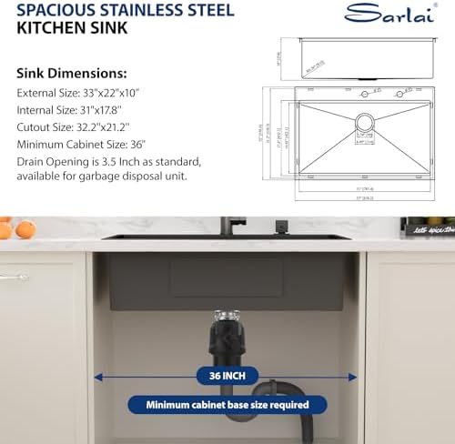 Sarlai 33 Matte Black Drop-In Kitchen Sink Workstation - 33x22 Inch Drop Kitchen Sink with Ledge NANO-Tech Black Topmount Round Corner 16 Gauge Stainless Steel Single Bowl Sinks Basin - Image 7