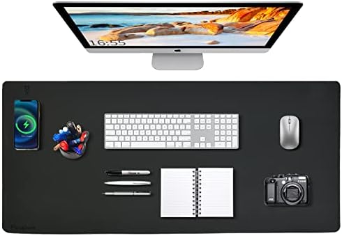 Desk Mat Wireless Charging Mouse Pad Large 32x16 Journey Desk Pad Mat with Wireless Charger Waterproof Black Leather Computer Mat with Phone Charger Mousepad Non-Slip for Keyboard and Mouse by Zakia