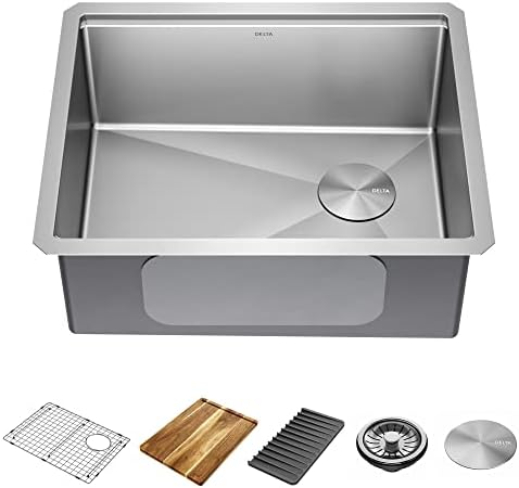 DELTA FAUCET Lorelai 23-inch Workstation Kitchen Sink Undermount 16 Gauge Stainless Steel Single Bowl with WorkFlow Ledge and Kit of 5 Accessories, 95B9132-23S-SS by Unknown