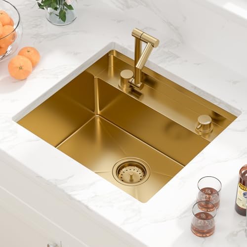 Sarlai Gold Undermount Bar Sink - 21x19 Inch Outdoor Kitchen Sink RV Workstation Gold 16 Gauge Stainless Steel Single Bowl Handmade Outdoor BBQ Sinks With Foldable Faucet - Image 3