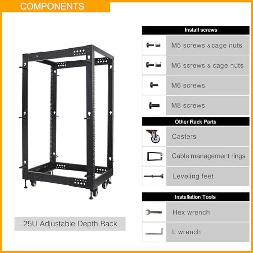 RIVECO 25U Server Rack Adjustable Depth Network 4 Post Cabinet Open Frame with Leveling Feet & Wheels Fully Rivets 1400 LBS - Image 5