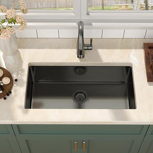 Mocoloo 30 Inch Gunmetal Black Undermount Kitchen Sink - 30" x 16" T304 Stainless Steel Handmade Single Bowl Round Corner Under Counter 9" Deep Basin - Image 4