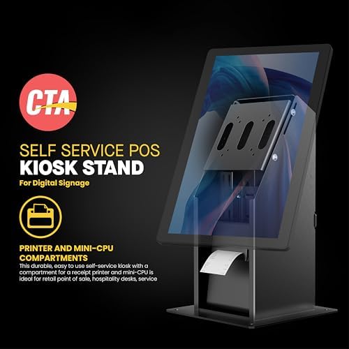 Self Service Kiosk POS Stand - CTA with CPU & Printer Compartments for Digital Signage Displays TV's & Monitors up to 33 Pounds - for Restaurants, Retail & Business - Black - (ADD-SSKPCB) - Image 2