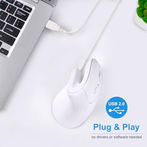 HXMJ-Vertical Mouse Wired,USB Ergonomic Optical Mice,Silent Click,Right Handed-White - Image 2