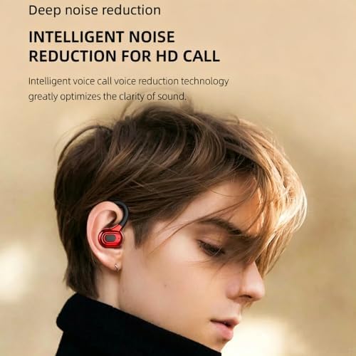 Wireless Headset Business Headphones,Waterproof Hanging Single Ear Earbuds,Mono Wireless Headset Noise Cancelling Sports Wireless Earpiece with Mic for Smart Phones (Red) - Image 3