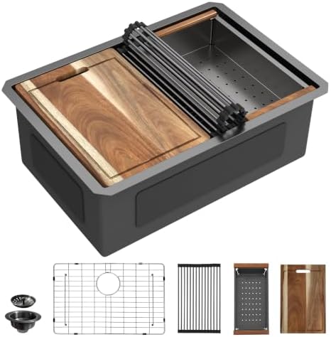 27"x19" Gunmetal Black Undermount Workstation Kitchen Sink by FULORNI