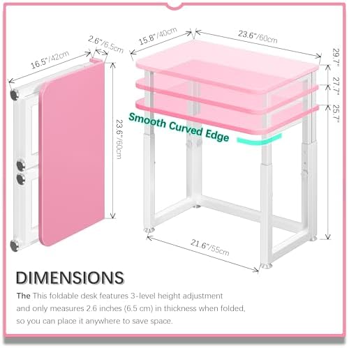 4NM No Tool Assembly 23.6" Small Desk, Folding Portable Desk with Wheels, Foldable Computer Home Office Desks, Collapsible Study Writing Table for Space Saving Bedroom - Pink White - Image 2