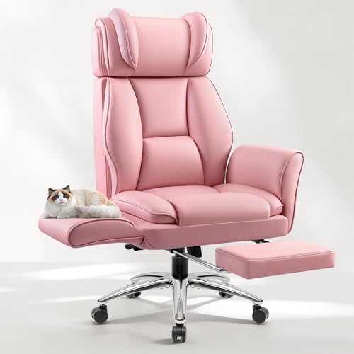 Big and Tall Office Chair, Flip Armrests for Pets & Cross Legged Sitting, Ergonomic Leather Executive Desk Chair with Foot Rest, High-Back Reclining Computer Chair for Home Gaming, Peach Pink by Fidom