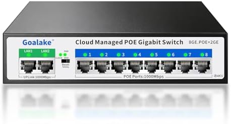 Goalake 10-Port Gigabit PoE Switch (8 PoE Ports + 2 Uplinks) with 250m Extend Function, Easy Smart Managed, Plug and Play, Fanless Metal Design, VLAN, QoS, Desktop or Wall Mount by Goalake