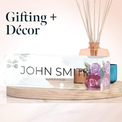 Desk Name Plate Personalized, Custom Name Plates 2½/x8 Inches, Thick Crystal-Clear Acrylic, Gift Box, Office Desk Decor. USA Made by ACRYLUXE (Flower) - Image 2