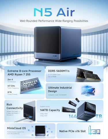 MINISFORUM N5 Air 5-Bay Desktop NAS, AMD Ryzen 7 255(8C/16T) CPU, 16GB DDR5, 64GB SSD, 1x 10GbE, 1x 5GbE, 2x USB4(8K), 8K HDMI, OCuLink, 3x M.2 Slots, PCIe x16 Slot, Network Attached Storage(Diskless) - Image 3