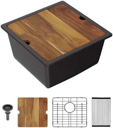 Lordear 18 Inch Black Granite Composite Kitchen Sink Workstation 18x18 Matte Black Undermount Quartz Sinks Under Counter Single Bowl Sink with Black Accessories by LORDEAR