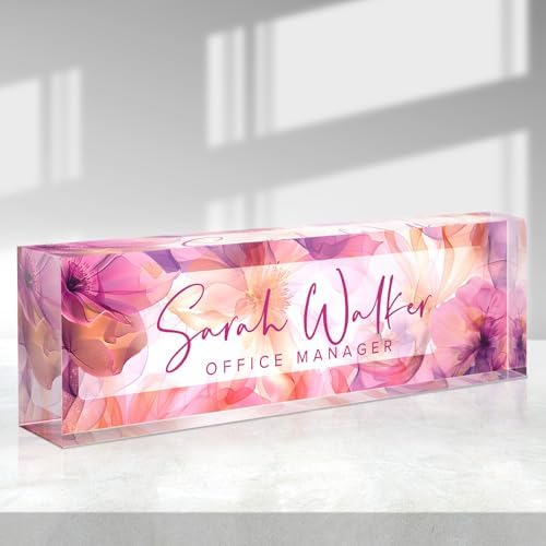Custom Name Plate for Desk - Desk Name Plate Personalized - Acrylic Office Desk Accessories - Appreciation Gifts for Coworkers Employee Teacher Staff Boss - Office Decor for Women (Purple Flowers C) by Purdicra