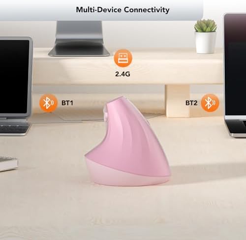 KYSONA EM18 Wireless Ergonomic Vertical Mouse, Ergo Design, Bluetooth Cordless Mouse for Medium/Large Hands, Silent Click, 5-Level Adjustable DPI, Carpal Tunnel Mice for Computer/PC/Mac/Laptop, Pink - Image 5