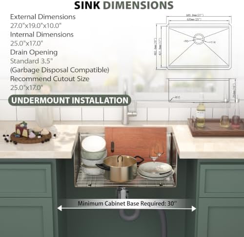 Mocoloo 27 Inch Undermount Kitchen Sink - 27x19 Stainless Steel Sink 16 Gauge Single Bowl Workstation Handmade Deep Basin - Image 3