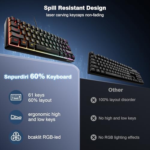 Snpurdiri 60% Wired Gaming Keyboard, 61 Keys RGB (Black) - Image 6