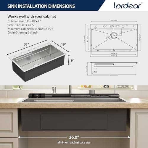 Lordear Drop In Kitchen Sink, 33 inch Waterfall Sink 16 Gauge Stainless Steel, Above Counter Smart Kitchen Sinks, Single Bowl with Integrated Faucet for High-Efficiency Cleaning - Image 4