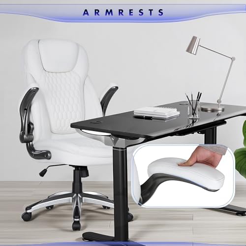 COLAMY Office Chair Ergonomic Desk Chair-Executive Office Chair with Upgraded Caters, High Back Computer Chair Flip-up Arms, Strong Metal Base, Swivel Leather Chair for Work/Study, 300lbs, White - Image 6