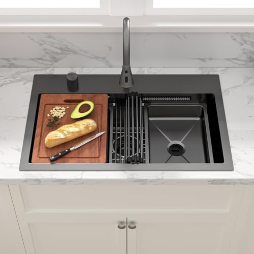 Sarlai 31 Inch Black Waterfall Kitchen Sink Drop In - 31x20 Inch Drop In Waterfall Sink Ledge Workstation Black Stainless Steel 16 Guage Single Bowl Kitchen Sinks Basin - Image 3