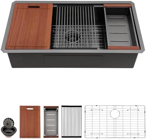 Sarlai 36 Black Undermount Kitchen Sink 36"x19" Workstation Kitchen Sinks by Sarlai