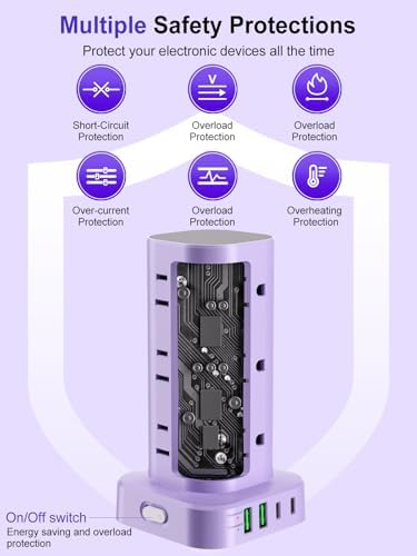 6FT Power Strip Tower Surge Protector, 12 Wide Spaced Outlets, 4 USB - Image 7
