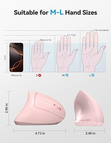 TECKNET Ergonomic Mouse Pink Rechargeable Vertical Wireless Mice Right Hand - Image 6