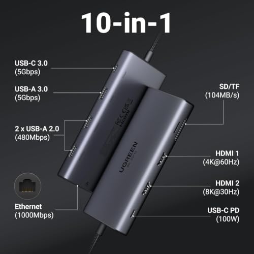 UGREEN USB C Docking Station Dual Monitor, 10-in-1 Laptop Dock with 2 HDMI - Image 2