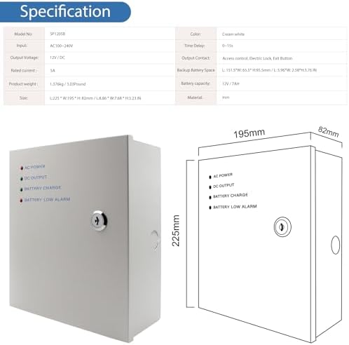 Power Supply Control AC 110-240V to DC 12V 5A Metal Boxed Cabinet Regulated UPS Power Supply Unit with Backup Battery Link for Door Access Entry System (Battery Not Included) (SP1205B（ DC12V / 5A ）) - Image 5