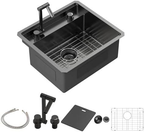 Sarlai Black Undermount Bar Sink With Foldable Faucet - 21x19 Inch Outdoor Black Kitchen Sink RV Workstation 16 Gauge Stainless Steel Single Bowl Handmade Outdoor BBQ Sinks with Lid by Sarlai