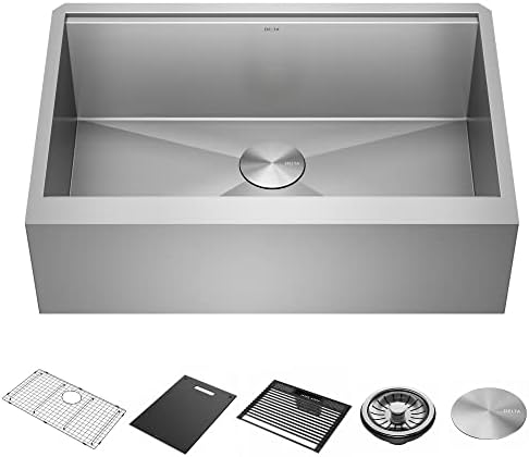DELTA FAUCET Rivet 33-inch Workstation Farmhouse Apron Front Kitchen Sink Undermount 16 Gauge Stainless Steel Single Bowl with WorkFlow Ledge and Kit of 5 Accessories, 95C9031-33S-SS by Unknown