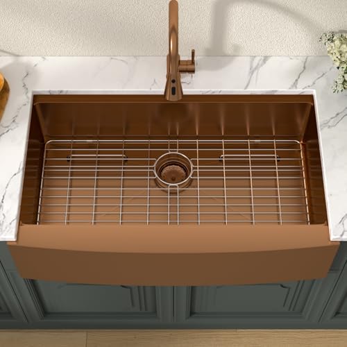 Lordear 36x21Inch Copper Tone Farmhouse Kitchen Sink Workstation SUS304 16-Gauge Stainless Steel Farmhouse Sink Apron Fron Farm Style Undermount Sinks, 36"x21"x10" - Image 4