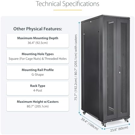 StarTech 42U 4-Post Server Cabinet, Rack Mount, 36in Deep, 2000lb, Black (RK4236BKB) - Image 5