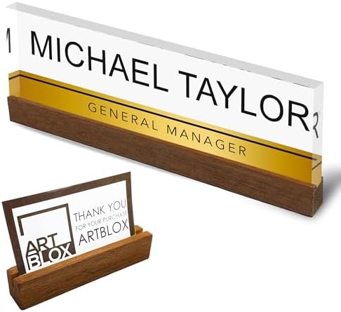 Artblox Personalized Office Desk Name Plate with Business Card Holder | Clear Acrylic Glass with Teak Wood Stand | Gold Stripe Design Customized with Your Name and Credentials Office Desk Décor by Artblox