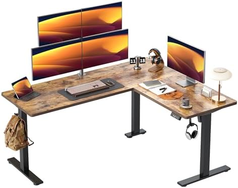 TIQLAB 63 x 55 inch L Shaped Standing Desk Adjustable Height, Electric Corner Standing Desk, Sit Stand Computer Table with Splice Board, Rustic Brown by TIQLAB