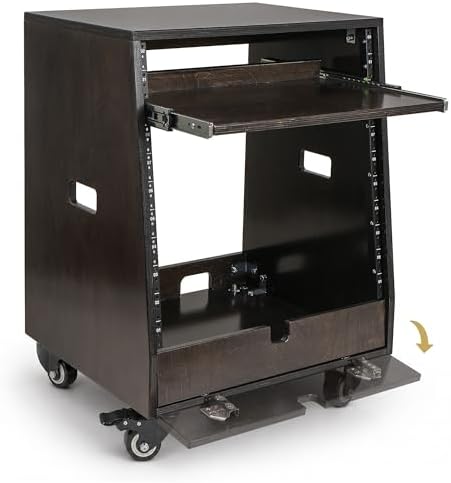 Sound Town DIY Slanted 10U Studio Rack (2U Top + 8U Lower) with 2U Bottom Storage, Slide-Out Tray, Casters, for Home Studio and Recording Room, Birch Plywood, Black Espresso (SDRK-ST10TD) by SOUNDTOWN