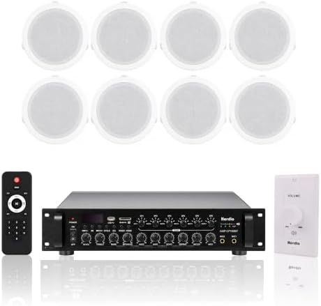 Herdio 180W 70V Commercial Bluetooth Amplifier System with 8-Pack 6 Inch Ceiling Speakers, USB/SD/Optical/Mic Inputs, 15W/7.5W/3W Adjustable Taps for Restaurant Bar Cafe Office by Herdio
