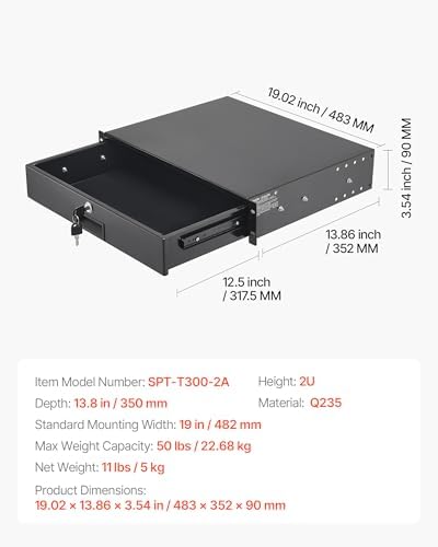 VEVOR 2U Rack Drawer, Lockable Server Cabinet Case, 13.8'' Depth Server Rack Mount Drawer, for 19'' Network Equipment/DJ/AV Rack or Cabinet Enclosure, 50 lbs Max Load, with Cable Management Holes - Image 7
