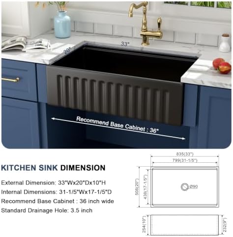 Lordear 33 Black Farmhouse Sink Workstation Porcelain Farm Kitchen Sinks Matte Black Single Bowl Basin 33x20x10 Inch Large Bowl Sink - Image 6