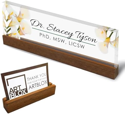 Artblox Personalized Office Desk Name Plate and Business Card Holder | Clear Acrylic Glass with Teak Wood Stand | Calla Flowers Design Customized with Your Name and Credentials Office Desk Decor by Artblox