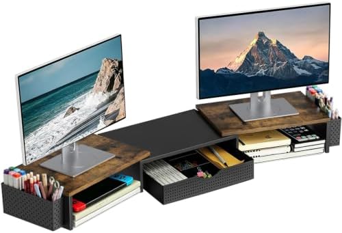 Spacrea Wood Dual Monitor Stand Riser with Drawer and 2 Pen Holders by Spacrea
