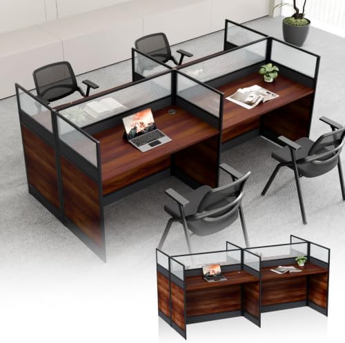 4 Person Cubicle Workstation Desk with Privacy Panels and Cable Management, Modular Long Office Desk for Commercial Workspace, Sound Dampening Partition Wall (Walnut-B, 94.5IN) by UsosidamFoldTables