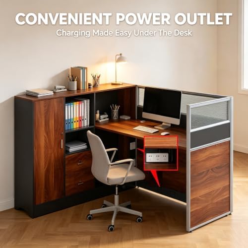 Modular Office Cubicle Workstation Desk with Privacy Panels and Cable Management, Long Computer Desk for Commercial Workspace, Sound Dampening Partition Wall (Walnut+Grey, 59IN) - Image 6
