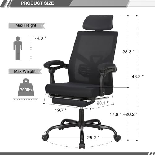 Qulomvs Mesh Ergonomic Office Chair with Footrest Home Office Desk Chair with Headrest and Backrest 90-135 Adjustable Computer Executive Desk Chair with Wheels 360 Swivel Task Chair - Image 2