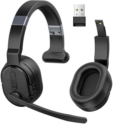 COSMUSIS Trucker Bluetooth Headset with Dongle, Wireless Headsets with Noise Cancelling Microphone, 50+Hrs HD Talktime Bluetooth Headphones with Detachable Earpad/Single+Dual Mode for Office/Driving by COSMUSIS