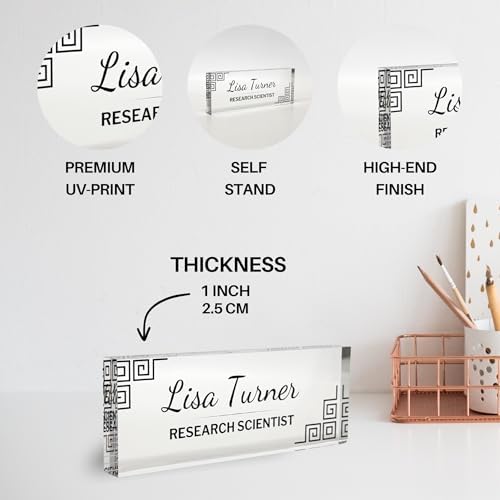 Customized Clear Acrylic Thick 8x3" Desk Name Plate Block with Personalized Logo - Professional Office Decor - Customized Acrylic Plate Gift for Teacher Co-workers (Greek Key Corners) - Image 4